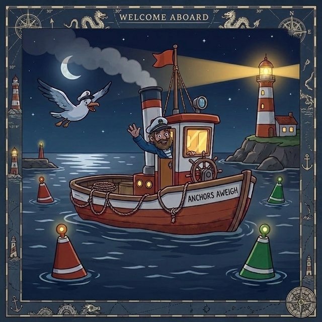 A tugboat steaming into a harbour at sunrise between the channel markers